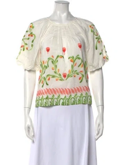 Pre-owned Banjanan Floral Print Crew Neck Blouse In White