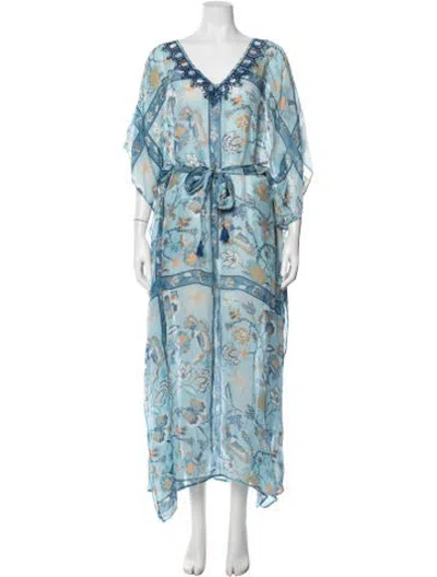 Pre-owned Banjanan Floral Print Embroidered Accent Nightgown In Blue