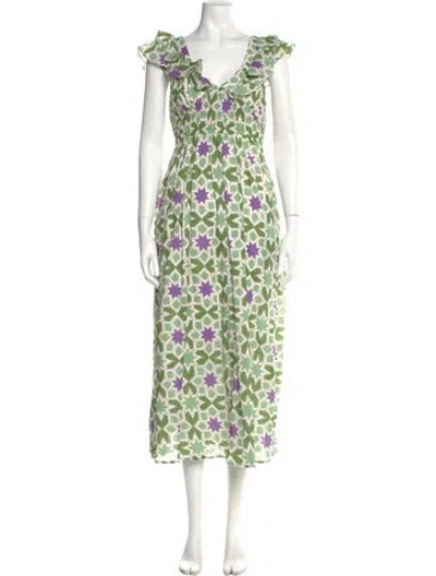 Pre-owned Banjanan Floral Print Long Dress In Green