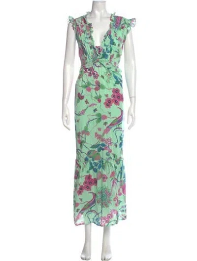 Pre-owned Banjanan Floral Print Long Dress In Green