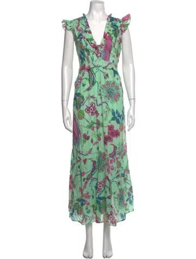Pre-owned Banjanan Floral Print Long Dress In Green