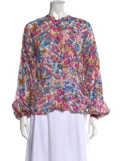 Pre-owned Banjanan Floral Print Long Sleeve Blouse In Blue
