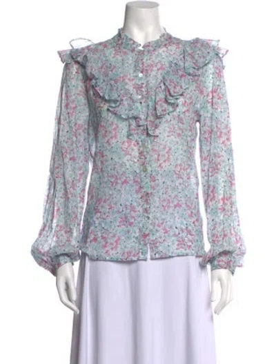 Pre-owned Banjanan Floral Print Long Sleeve Blouse In Blue