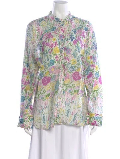 Pre-owned Banjanan Floral Print Long Sleeve Blouse In White