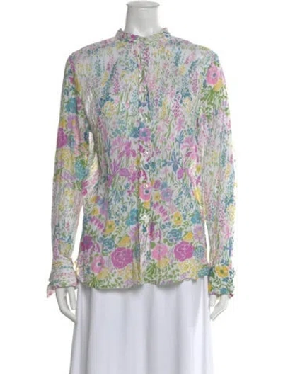 Pre-owned Banjanan Floral Print Long Sleeve Blouse In White