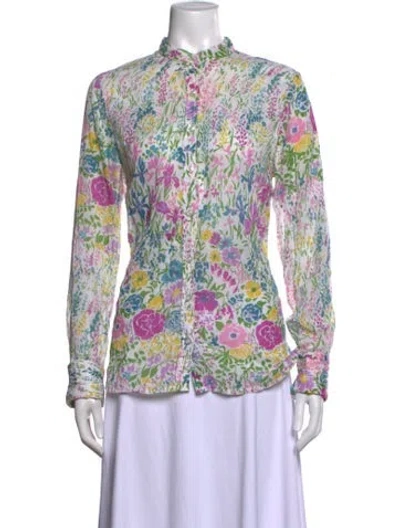 Pre-owned Banjanan Floral Print Long Sleeve Blouse In White