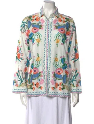 Pre-owned Banjanan Floral Print Long Sleeve Top In Green/white