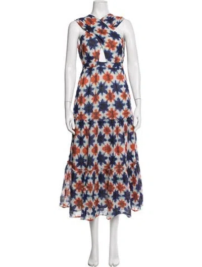 Pre-owned Banjanan Floral Print Midi Length Dress In Blue/neutrals/red