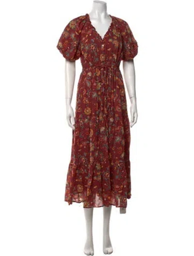 Pre-owned Banjanan Floral Print Midi Length Dress In Burgundy