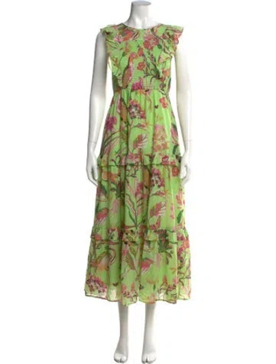 Pre-owned Banjanan Floral Print Midi Length Dress In Green/pink