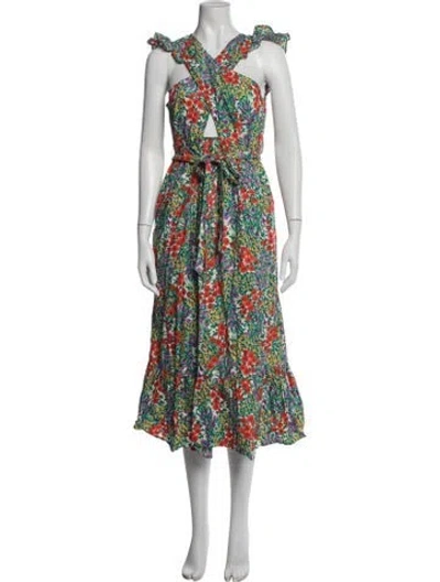 Pre-owned Banjanan Floral Print Midi Length Dress In Green/red