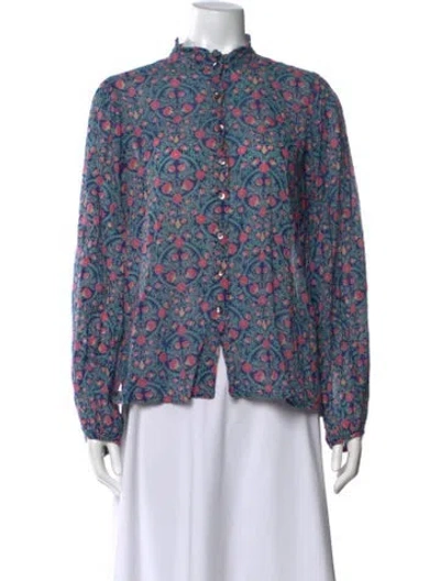 Pre-owned Banjanan Floral Print Mock Neck Blouse In Blue
