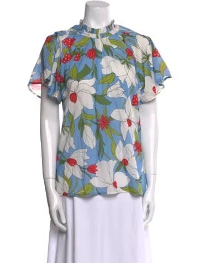 Pre-owned Banjanan Floral Print Mock Neck Blouse In Blue