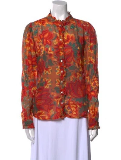 Pre-owned Banjanan Floral Print Mock Neck Blouse In Orange
