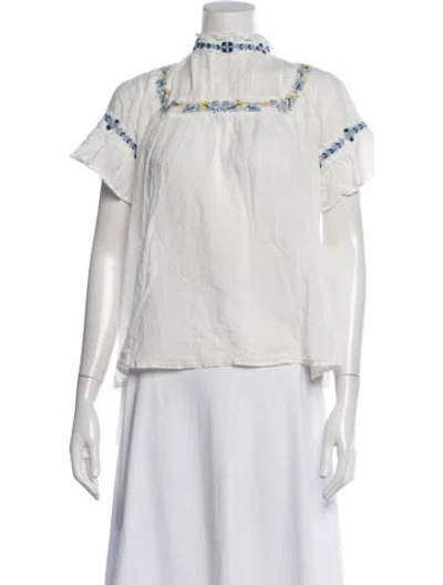 Pre-owned Banjanan Floral Print Mock Neck Blouse In White