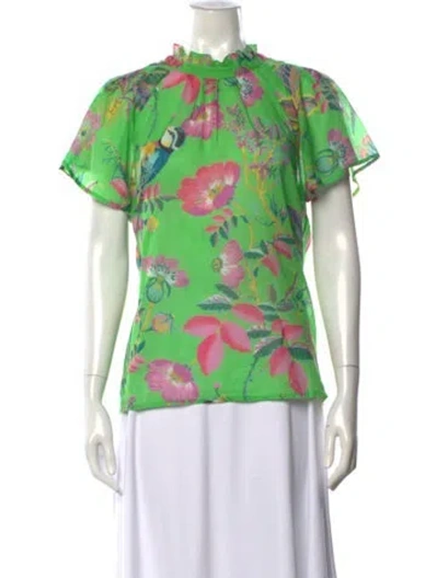 Pre-owned Banjanan Floral Print Short Sleeve Blouse In Green