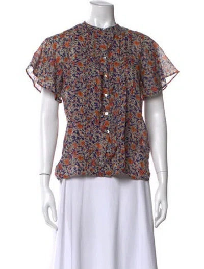 Pre-owned Banjanan Floral Print Short Sleeve Blouse In Purple
