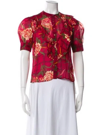 Pre-owned Banjanan Floral Print Short Sleeve Blouse In Red