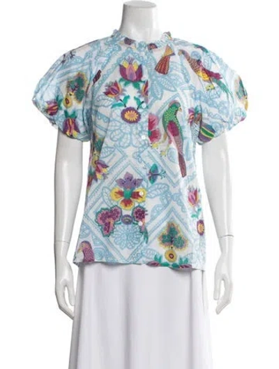 Pre-owned Banjanan Floral Print Short Sleeve Blouse W/ Tags In Blue
