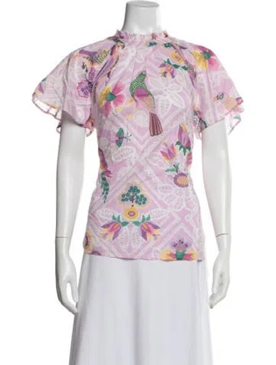 Pre-owned Banjanan Floral Print Short Sleeve Blouse W/ Tags In White