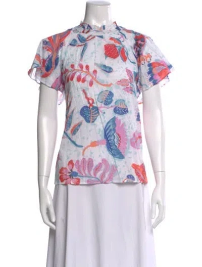 Pre-owned Banjanan Floral Print Short Sleeve Blouse In White