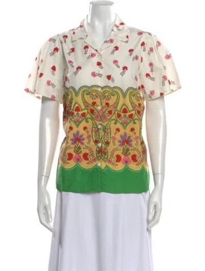 Pre-owned Banjanan Floral Print Short Sleeve Blouse In White
