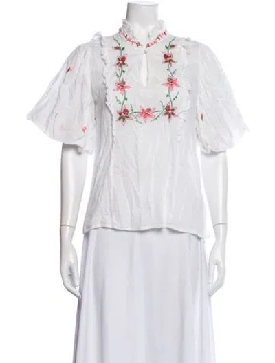 Pre-owned Banjanan Floral Print Short Sleeve Blouse In White