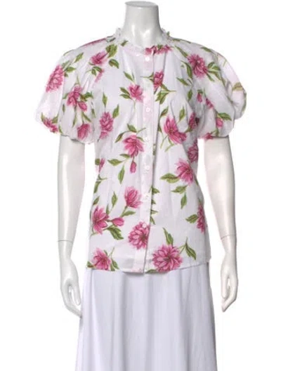 Pre-owned Banjanan Floral Print Short Sleeve Blouse In White