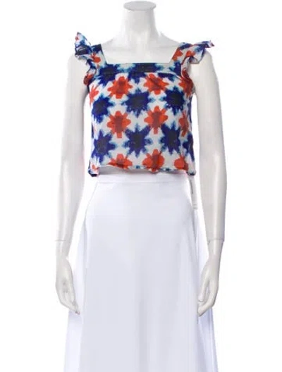 Pre-owned Banjanan Floral Print Square Neckline Crop Top In White