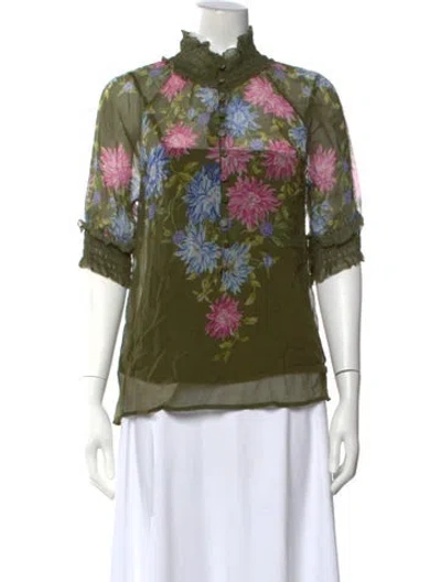 Pre-owned Banjanan Floral Print Three-quarter Sleeve Blouse In Green