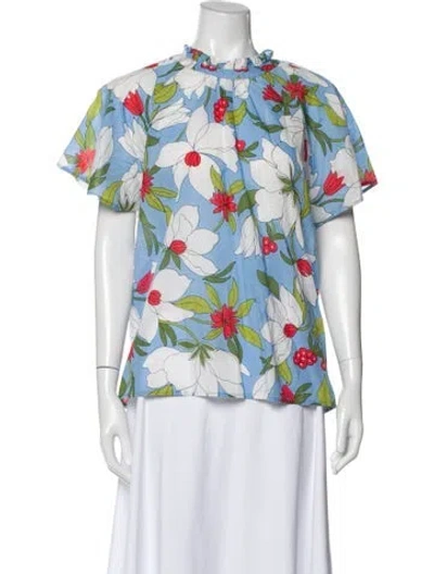 Pre-owned Banjanan Floral Print Tie Neck Blouse In Blue