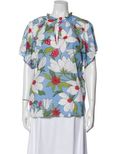 Pre-owned Banjanan Floral Print Tie Neck Blouse In Blue