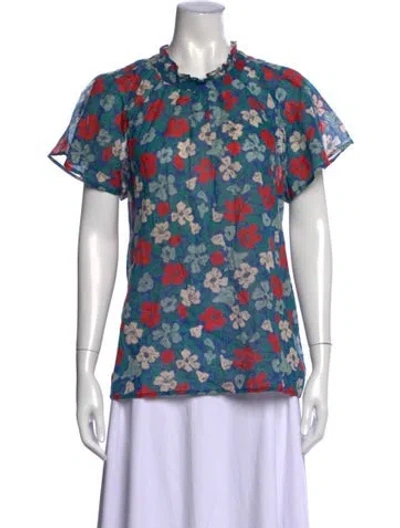 Pre-owned Banjanan Floral Print Tie Neck Blouse In Blue