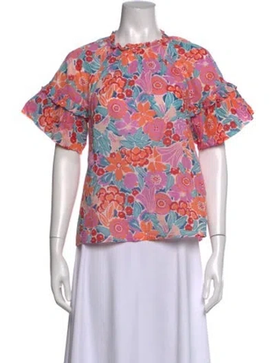 Pre-owned Banjanan Floral Print Tie Neck Blouse In Blue