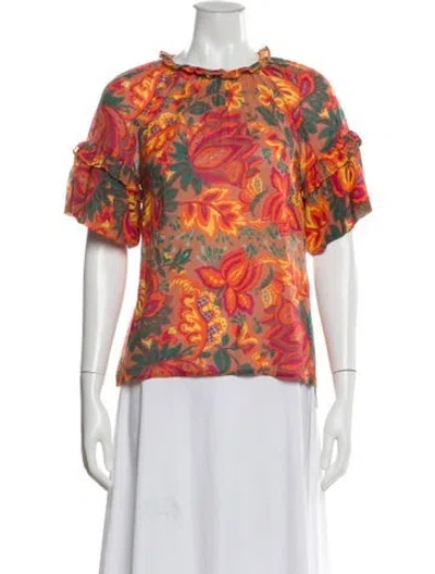 Pre-owned Banjanan Floral Print Tie Neck Blouse In Orange