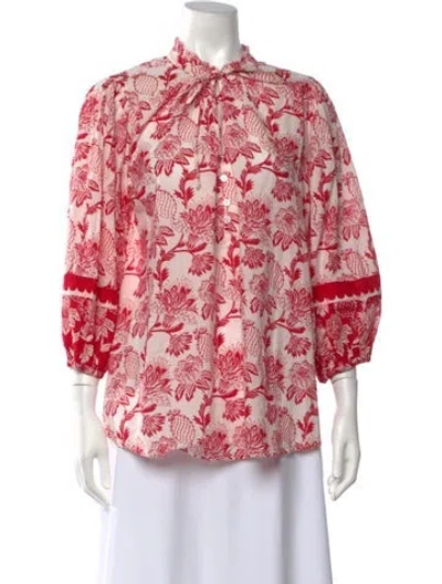 Pre-owned Banjanan Floral Print Tie Neck Blouse W/ Tags In Orange