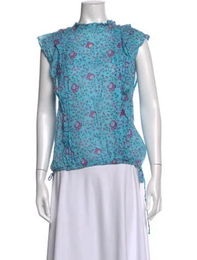 Pre-owned Banjanan Floral Print Tie Neck Top In Blue