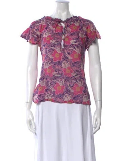 Pre-owned Banjanan Floral Print Tie Neck Top In Pink