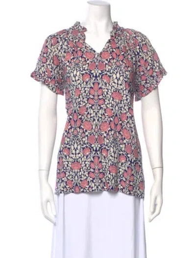 Pre-owned Banjanan Floral Print V-neck Blouse In Blue