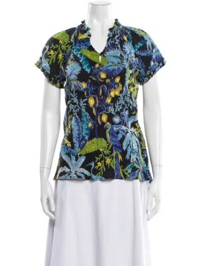 Pre-owned Banjanan Floral Print V-neck Blouse In Blue
