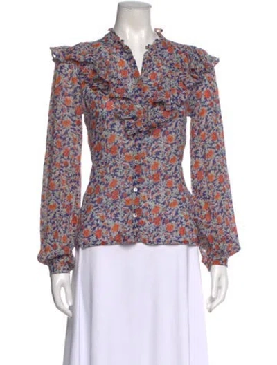 Pre-owned Banjanan Floral Print V-neck Blouse In Blue