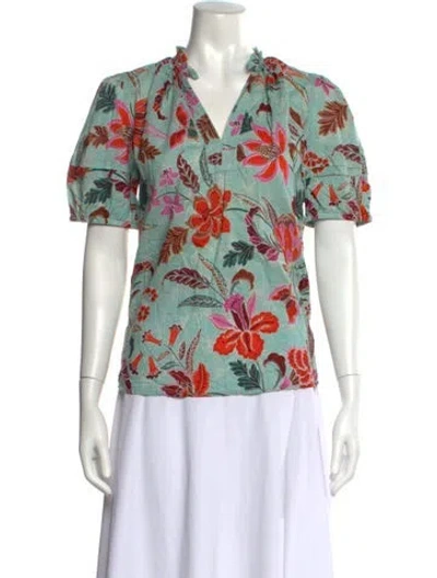 Pre-owned Banjanan Floral Print V-neck Blouse In Green