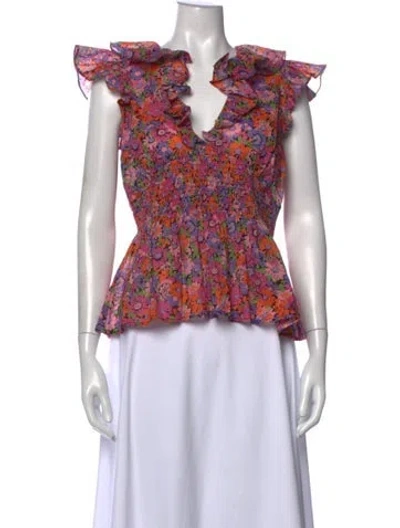 Pre-owned Banjanan Floral Print V-neck Blouse In Purple