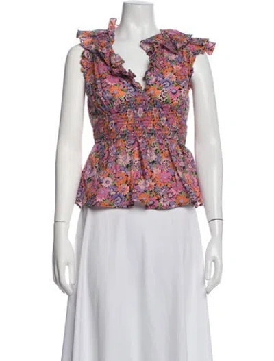 Pre-owned Banjanan Floral Print V-neck Blouse In Purple