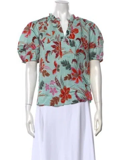 Pre-owned Banjanan Floral Print V-neck Blouse W/ Tags In Blue