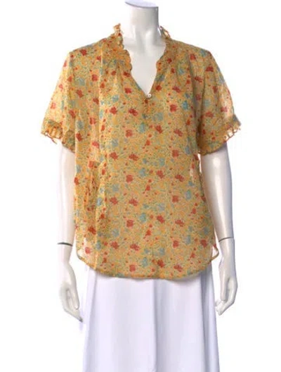Pre-owned Banjanan Floral Print V-neck Blouse In Yellow