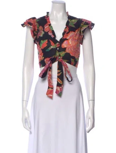 Pre-owned Banjanan Floral Print V-neck Crop Top In White