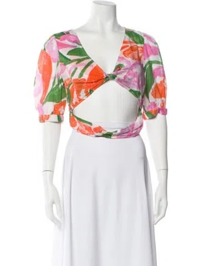 Pre-owned Banjanan Floral Print V-neck Crop Top In White