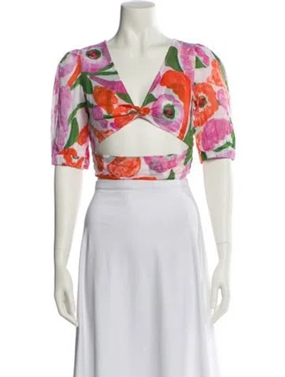 Pre-owned Banjanan Floral Print V-neck Crop Top In White