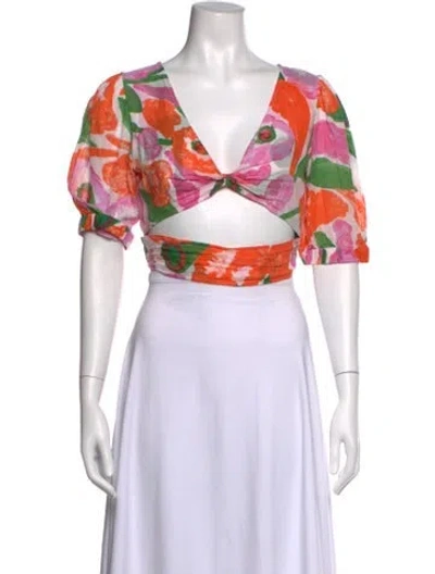 Pre-owned Banjanan Floral Print V-neck Crop Top In White